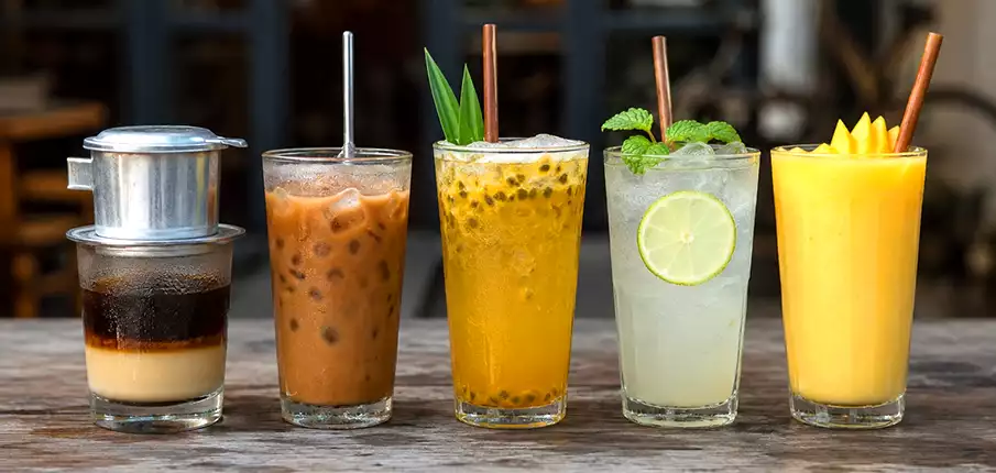 Vietnamese drinks with iced coffee fresh fruit juices and tropical beverages