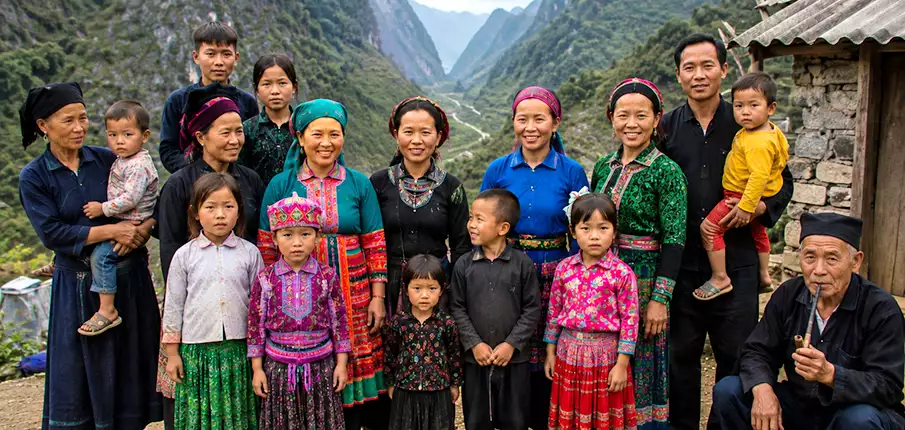 Hmong ethnic minority family in Ha Giang Vietnam traditional clothing mountain village lifestyle