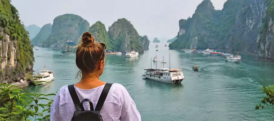 Solo female traveler exploring Vietnam safely – foreign tourist woman traveling in northern Vietnam