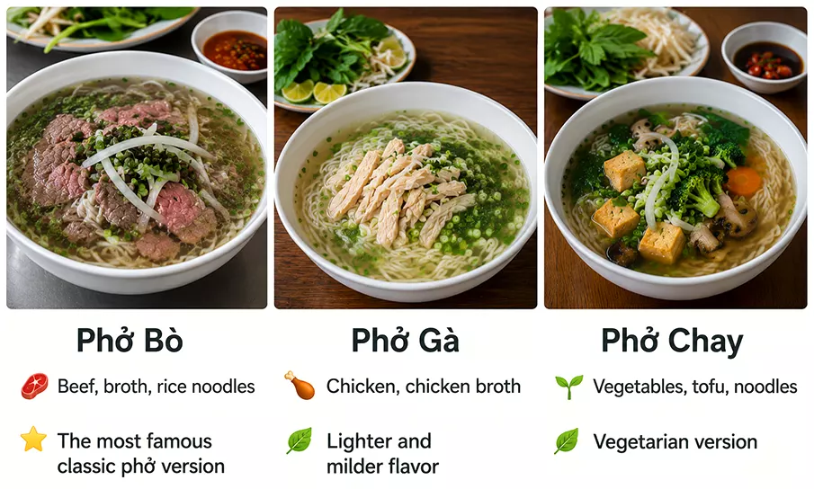 Vietnamese Pho soups with beef chicken and vegetarian noodles