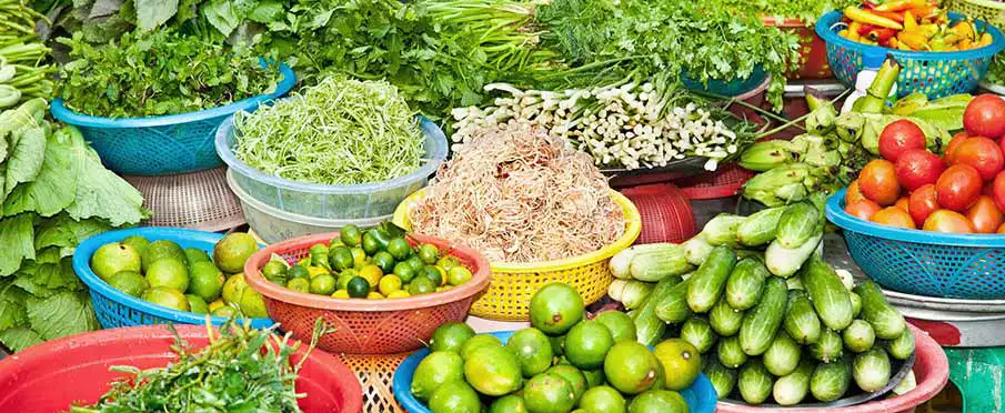 Fresh vegetables, fruits and herbs used in Vietnamese cuisine