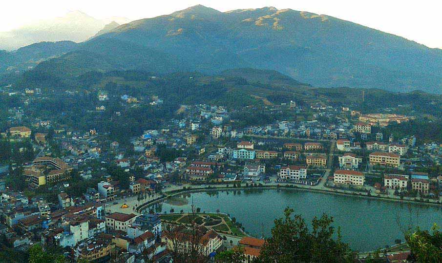 View of Sapa Town and surrounding mountains from Ham Rong Mountain in Northern Vietnam