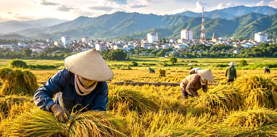 Rice harvest in Muong Thanh Valley, Dien Bien Phu Farmers harvesting rice in Muong Thanh Valley near Dien Bien Phu, Vietnam