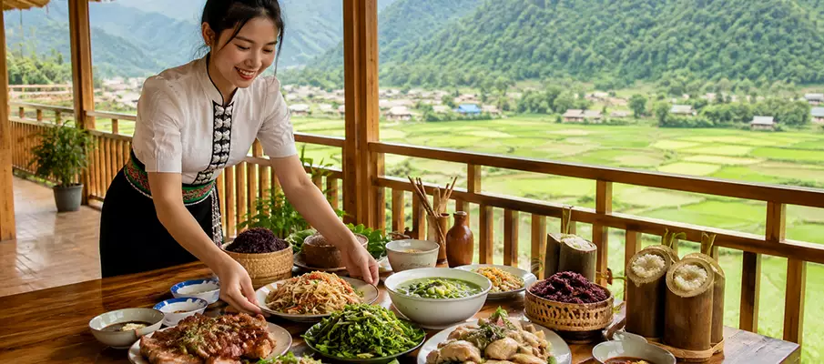 Traditional White Thai cuisine served in a homestay in Mai Chau, Northern Vietnam