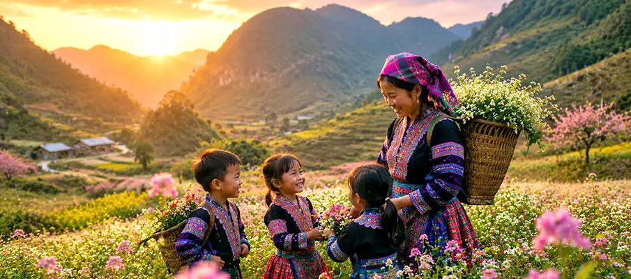 Hmong woman and children in Moc Chau Hmong woman and children wearing traditional clothing in a flower valley near Moc Chau, Son La Province, Northern Vietnam