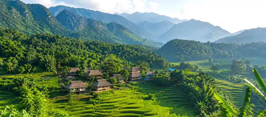 Rice terraces and limestone mountains in Pu Luong Nature Reserve, Vietnam
