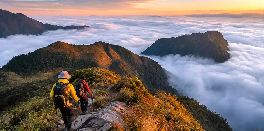 Hikers trekking from the summit of Pu Ta Leng Mountain in Lai Chau Province, Northern Vietnam
