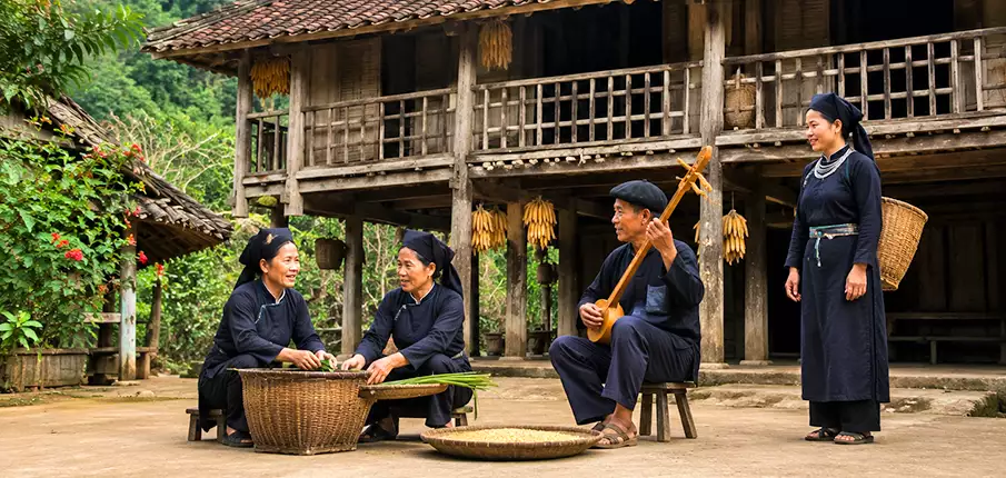 Tay ethnic minority family outside a traditional stilt house in Lang Son Province, Vietnam