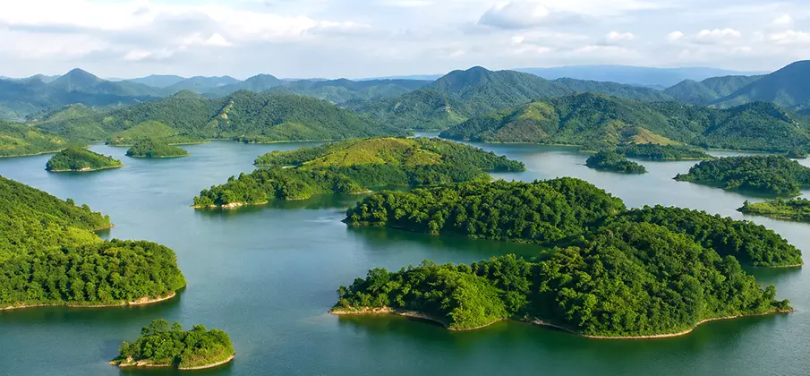 Ben En National Park and Song Muc Lake in Thanh Hoa, Vietnam Aerial view of Song Muc Lake and the forested islands of Ben En National Park in Thanh Hoa, Vietnam