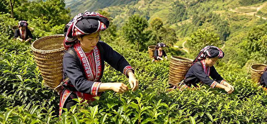 Harvesting Shan Tuyet tea leaves in Hoang Su Phi, Ha Giang, Vietnam