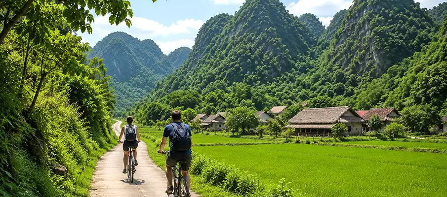 Two tourists cycling through Viet Hai Village surrounded by rice fields and limestone mountains on Cat Ba Island, Vietnam
