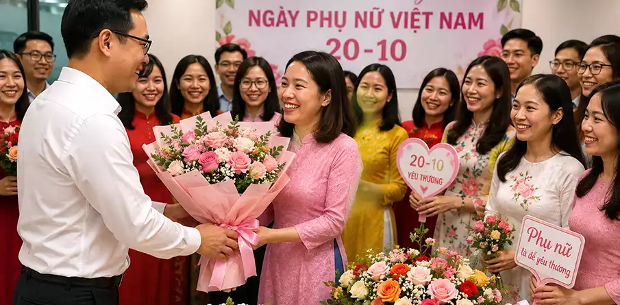 How Vietnamese Women’s Day Is Celebrated in Vietnam Vietnamese Women’s Day celebration with flowers and gifts in Vietnam