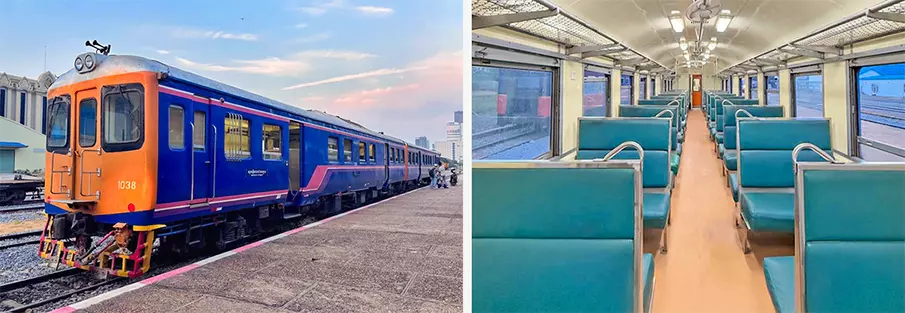 Sièges de classe standard dans un train au Cambodge