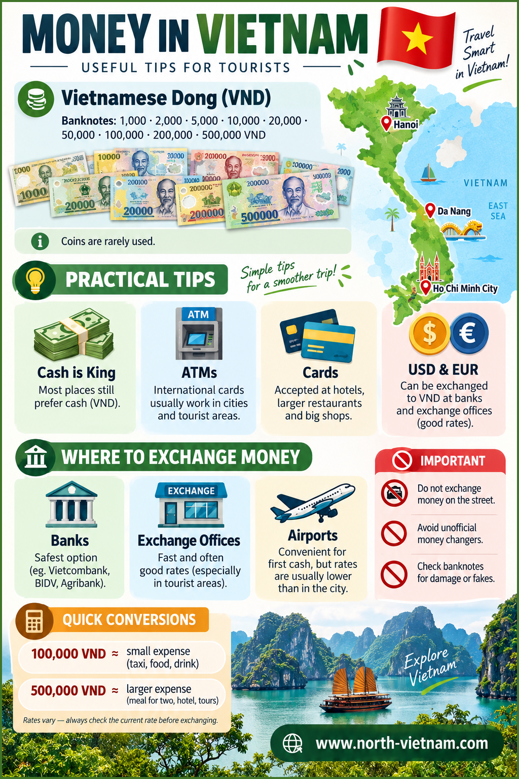 Money in Vietnam: Currency, ATMs, Cards and Exchange Tips Money in Vietnam, Vietnamese dong banknotes, ATMs, cards, currency exchange at banks and exchange offices, plus practical cash tips for travelers